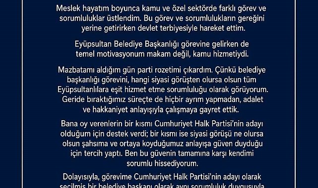 Eyüpsultan Belediye Başkanı Özmen, "Görevime CHP'nin seçilmiş bir belediye başkanı olarak devam edeceğim"