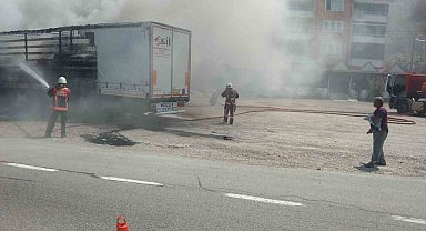 Giresun'da yol kenarındaki tırın dorsesinde yangın çıktı