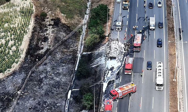 Kuzey Marmara Otoyolu'nda lastik yüklü tırda çıkan yangın tarım arazisine sıçradı