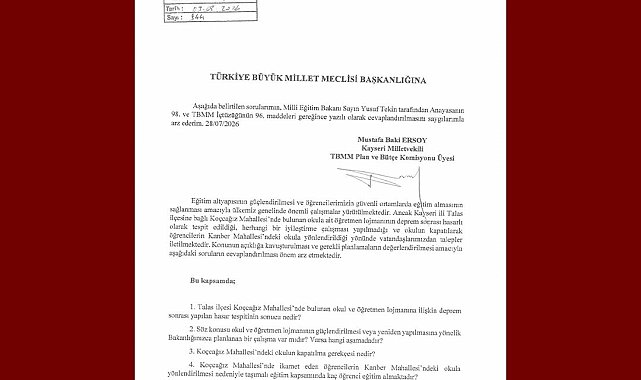 MHP'li Ersoy'dan Koçcağız mahallesindeki okul için soru önergesi