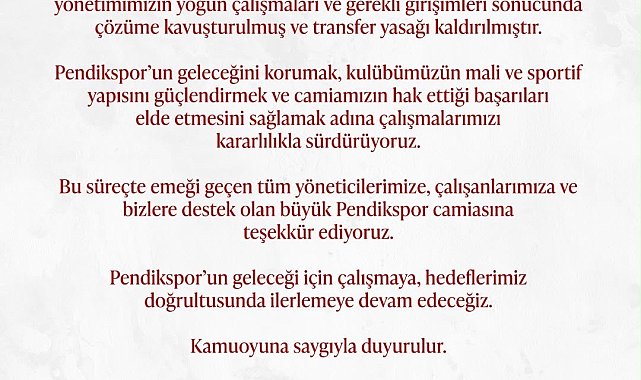 Pendikspor'un transfer yasağı kaldırıldı