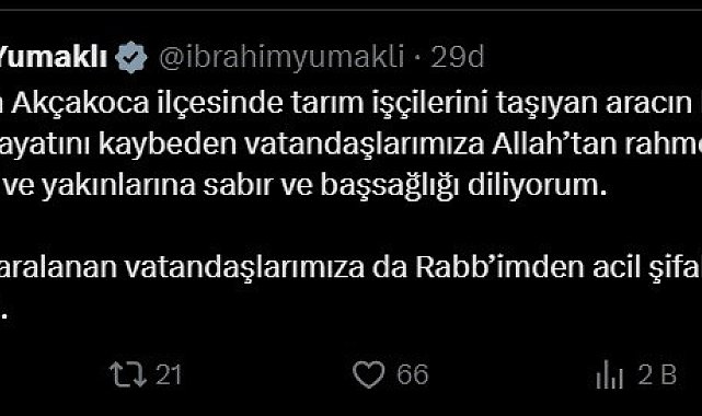 Bakan Yumaklı Düzce'deki kaza sonrası başsağlığı mesajı yayınladı
