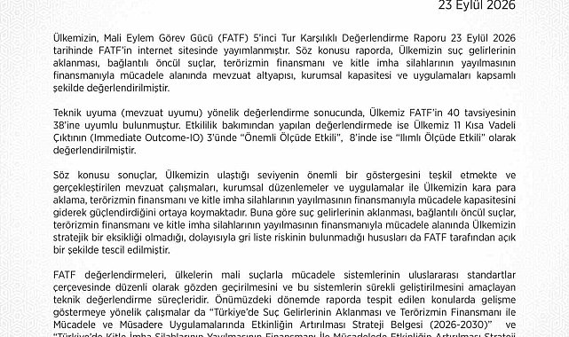MASAK: "Ülkemiz FATF'in 40 tavsiyesinin 38'ine uyumlu bulunmuştur"
