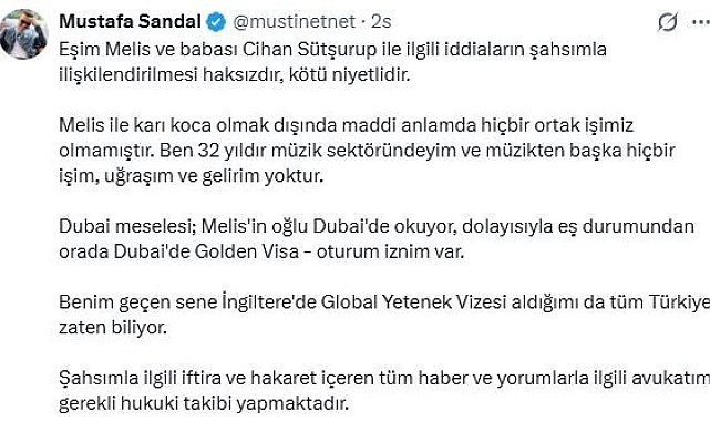 Mustafa Sandal: "Melis ile karı koca olmak dışında maddi anlamda hiçbir ortak işimiz olmamıştır"