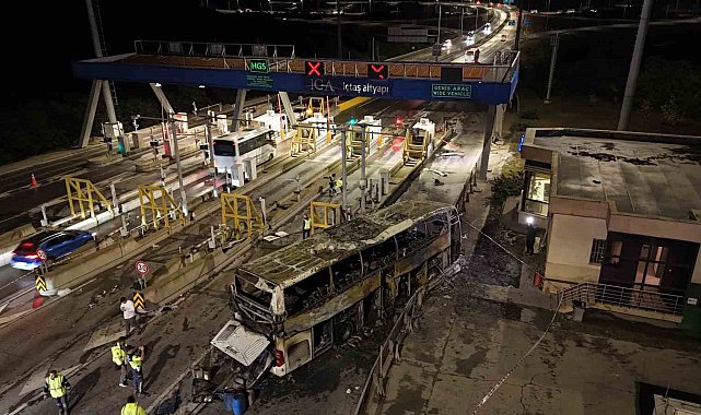 Otobüs yangınının ardından ekiplerin çalışması havadan görüntülendi