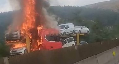 Otoyolda otomobil taşıyan tırda yangın