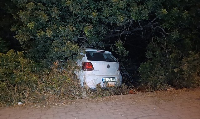 Sürücüsünün direksiyon hakimiyetini kaybettiği otomobil bahçeye uçtu