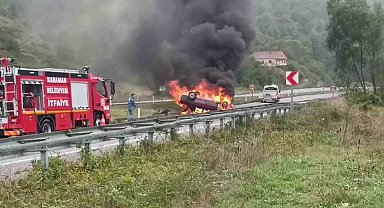 Zonguldak'ta takla atan otomobil alevlere teslim oldu: 1 yaralı