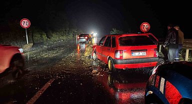 Alaplı-Akçakoca yolunda kaya düştü, 2 otomobil hasar gördü