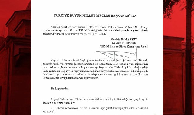Baki Ersoy'dan İncesu Şeyh Şaban-ı Veli Türbesi için soru önergesi
