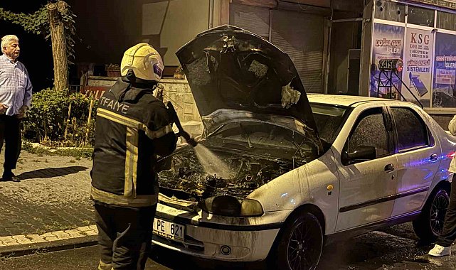 Çalıştırıldığı sırada alev alan otomobil, itfaiye ekipleri tarafından söndürüldü