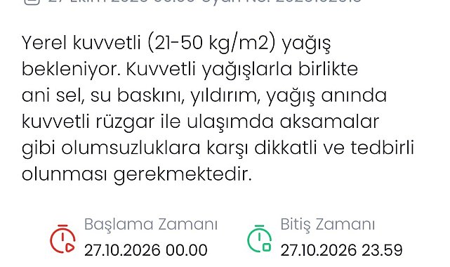 Denizli için kuvvetli yağış uyarısı