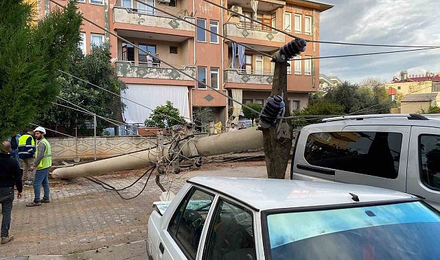 Devrilen elektrik direği otomobile çivi gibi saplandı