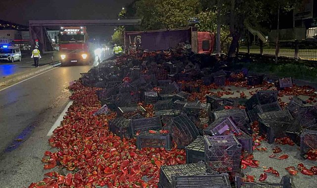 Devrilen kamyondaki 10 ton kapya biber yola saçıldı: 2 yaralı