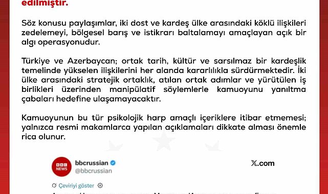 Dezenformasyonla Mücadele Merkezi: "Türkiye ve Azerbaycan, kardeşlik temelinde yükselen ilişkilerini kararlılıkla sürdürmektedir"