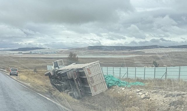 Kontrolden çıkan kamyon şarampole devrildi