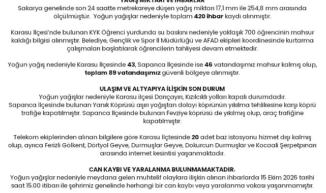 Sakarya Valiliği, kuvvetli yağışın ilk bilançosunu açıkladı