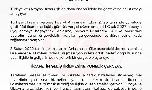 Türkiye-Ukrayna Serbest Ticaret Anlaşması yürürlüğe girdi