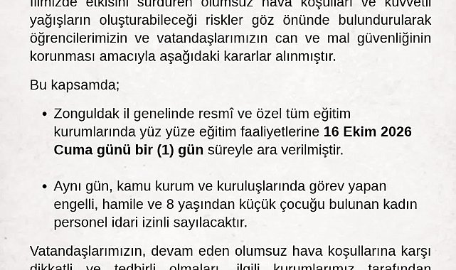 Zonguldak Valiliğinden yağış kararı: Okullara bir gün ara, bazı personele idari izin